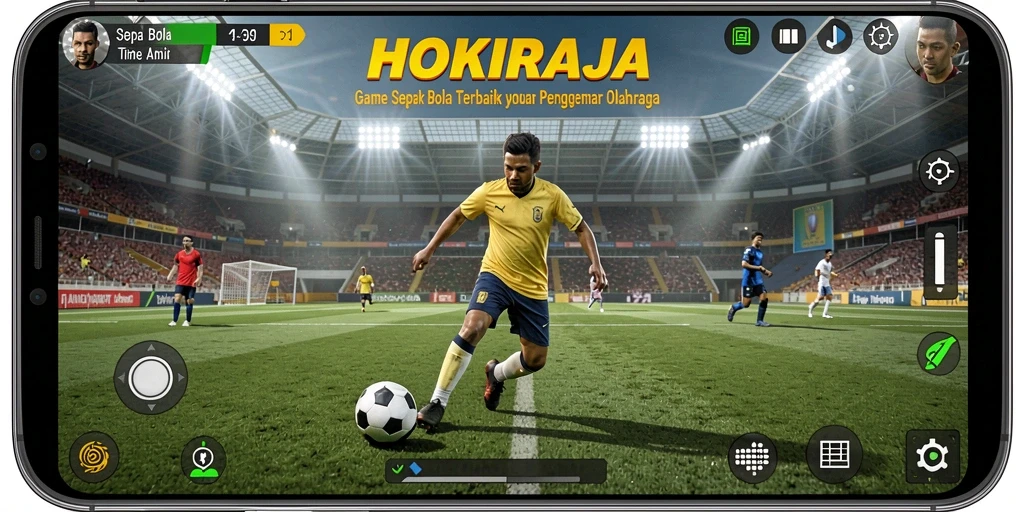 Tampilan gameplay HOKIRAJA yang menggambarkan pertarungan seru di lapangan sepak bola.