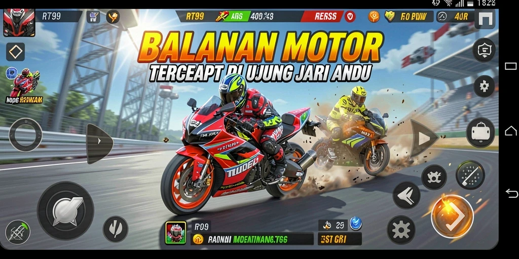 Screenshot utama RT99 menampilkan aksi balap motor yang intens.