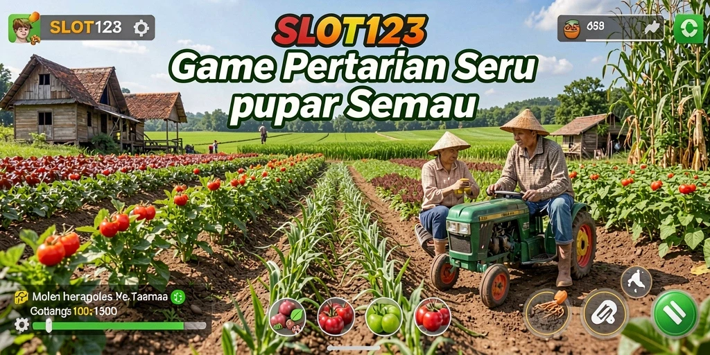 Tampilan seru gameplay pertanian di SLOT123 dengan aktivitas bertani.