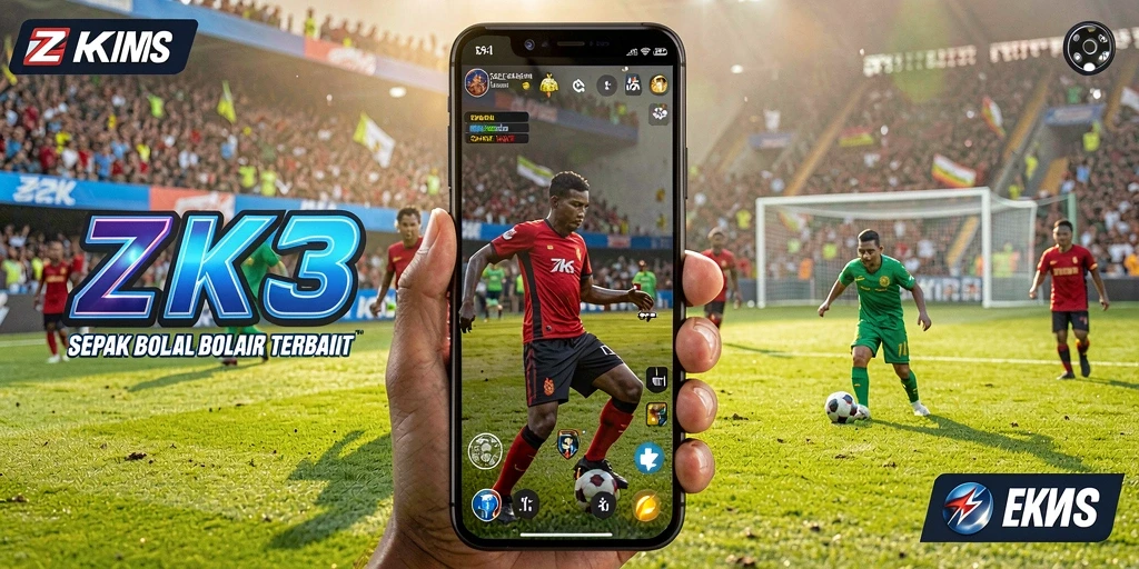 Screenshot gameplay ZK3 yang menampilkan aksi sepak bola intens.